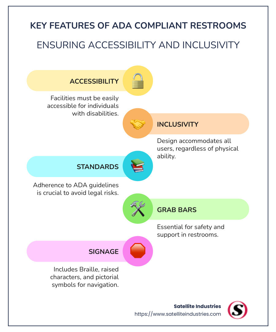 Infographic detailing ADA compliant restroom features and benefits - ADA compliant restrooms infographic infographic-line-5-steps-colors