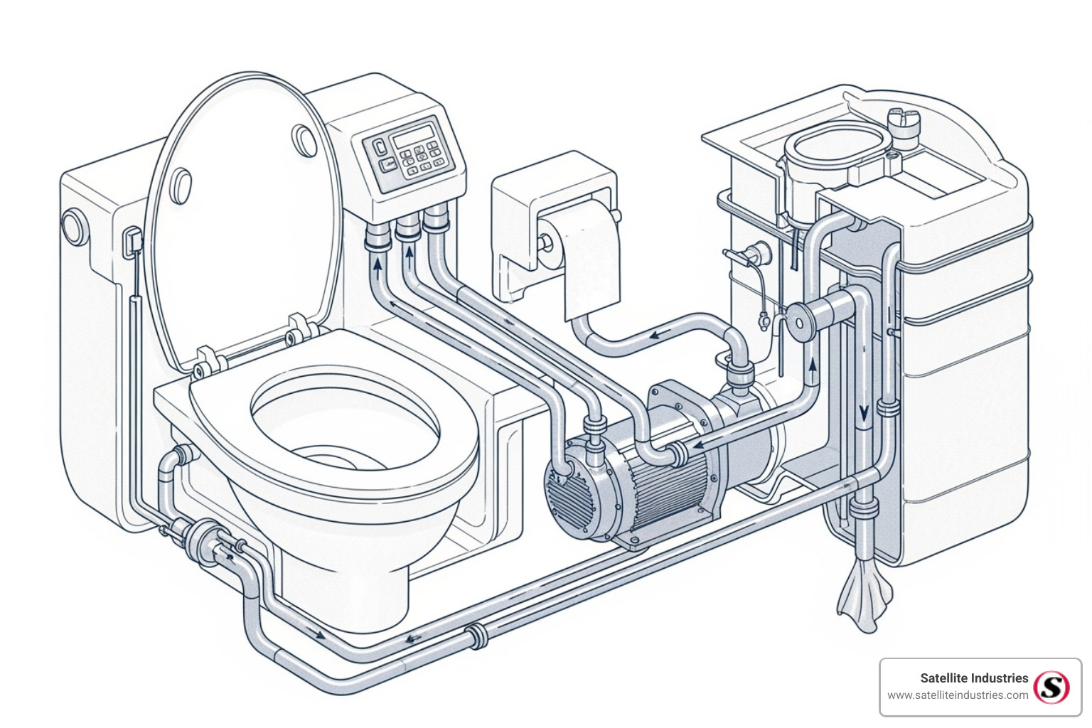 Diagram showing the main components of an aircraft vacuum toilet system: toilet bowl, flush control unit, vacuum generator, waste holding tank, piping network, sensors, and valves. - vacuum toilet system in aircraft