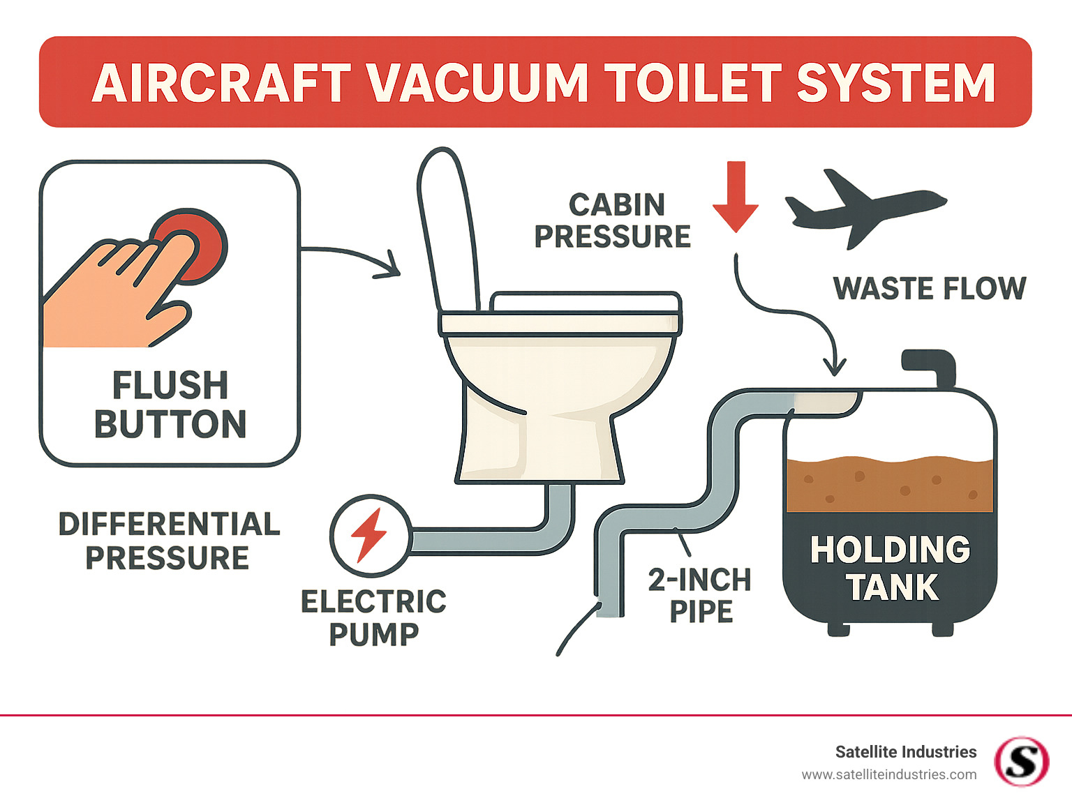 Infographic showing aircraft vacuum toilet operation: cabin pressure creates differential pressure that pulls waste through 2-inch pipes into sealed holding tanks, with electric pumps assisting at low altitudes, demonstrating the complete flush cycle from button press to waste storage - vacuum toilet system in aircraft infographic