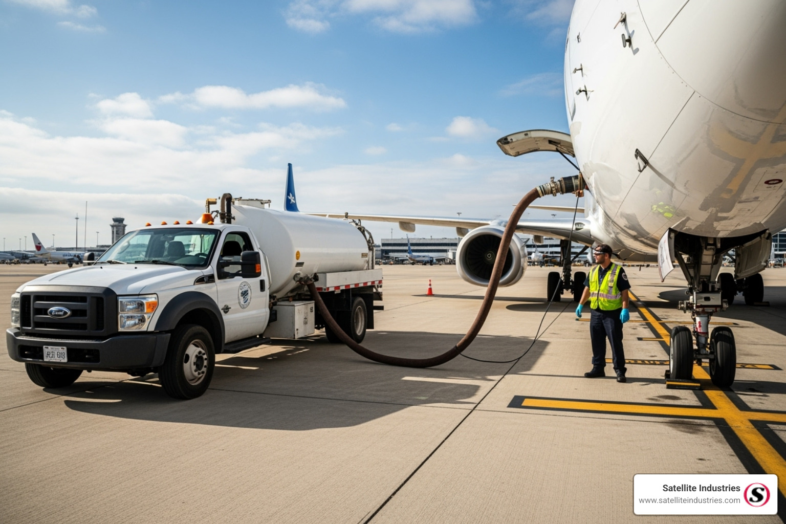 A lavatory service truck, or "honey wagon," servicing an aircraft by connecting to its waste port to drain the holding tanks. - vacuum toilet system in aircraft