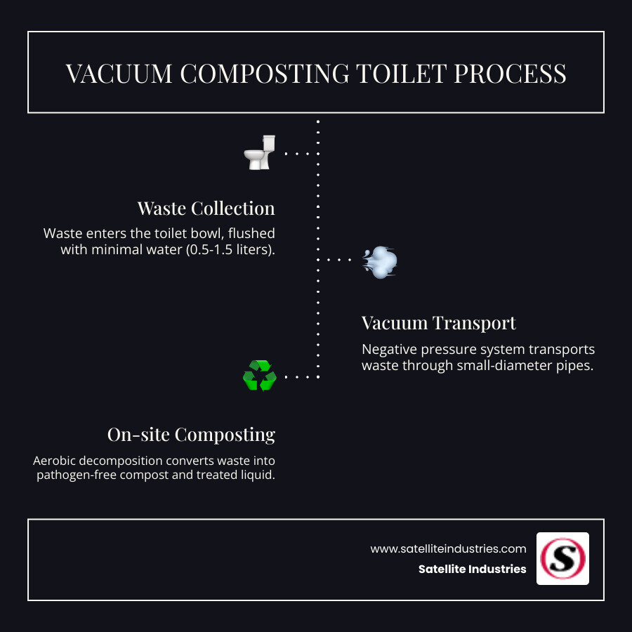 Infographic showing vacuum composting toilet process: waste enters toilet bowl, vacuum system transports waste through small-diameter pipes using negative pressure, waste arrives at composting chamber where aerobic decomposition occurs with proper carbon-nitrogen ratio and temperature control, final output is pathogen-free compost and treated liquid effluent - vacuum composting toilet infographic infographic-line-3-steps-dark