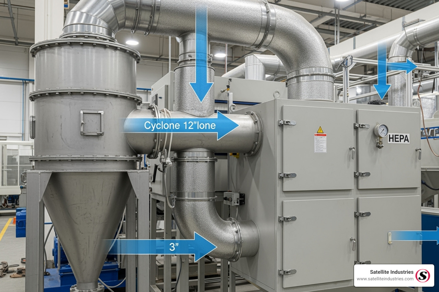 A multi-stage filtration system including a cyclone separator and HEPA filter, with arrows indicating airflow direction. - High volume vacuum