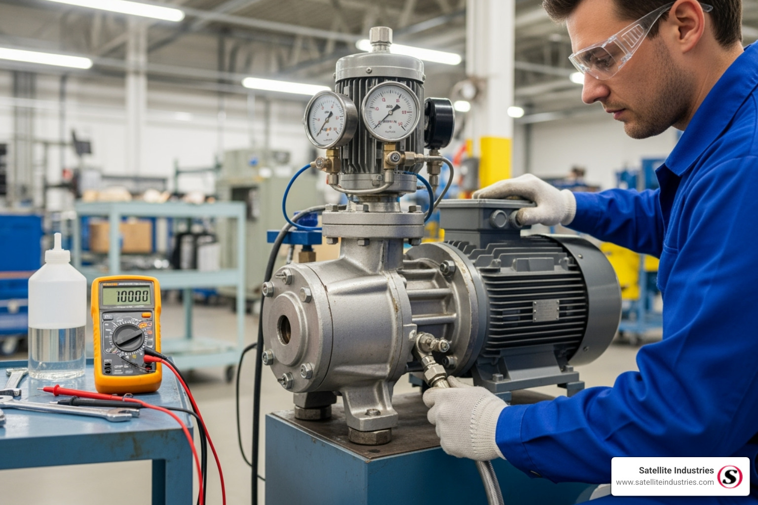 A technician performing routine maintenance on an industrial vacuum pump, checking connections and fluid levels. - High volume vacuum