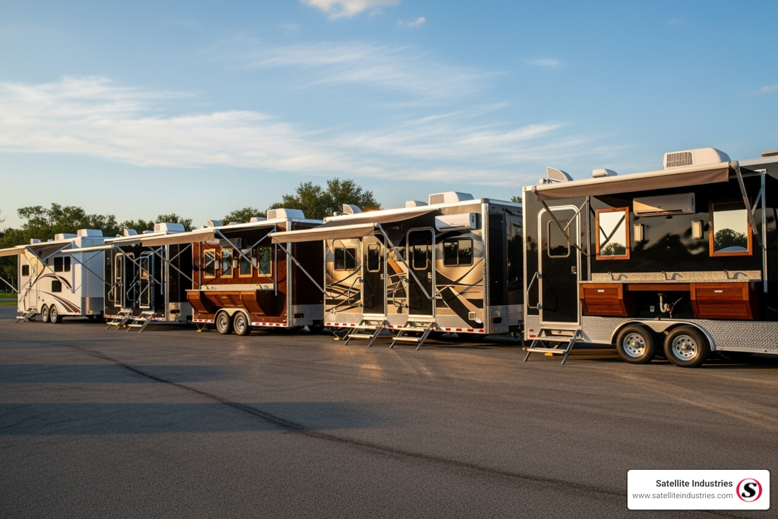 A diverse lineup of various sized event restroom trailers ready for deployment - Event restroom trailers