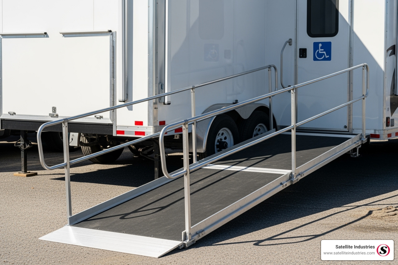 An ADA-compliant restroom trailer with its ramp or lowered platform deployed - Event restroom trailers