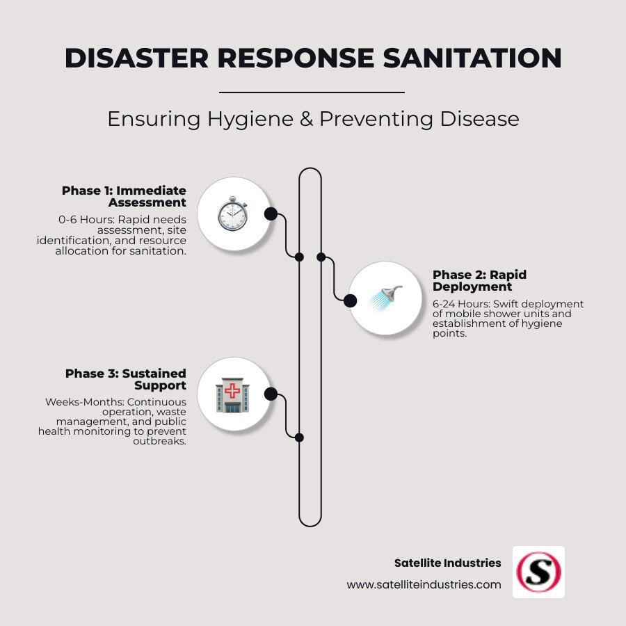 Infographic showing the critical timeline of disaster response sanitation deployment, featuring immediate needs assessment within 0-6 hours, rapid shower trailer deployment within 6-24 hours, and sustained operations lasting weeks to months, with key health metrics showing disease prevention rates and responder efficiency improvements - Disaster relief showers infographic infographic-line-3-steps-neat_beige