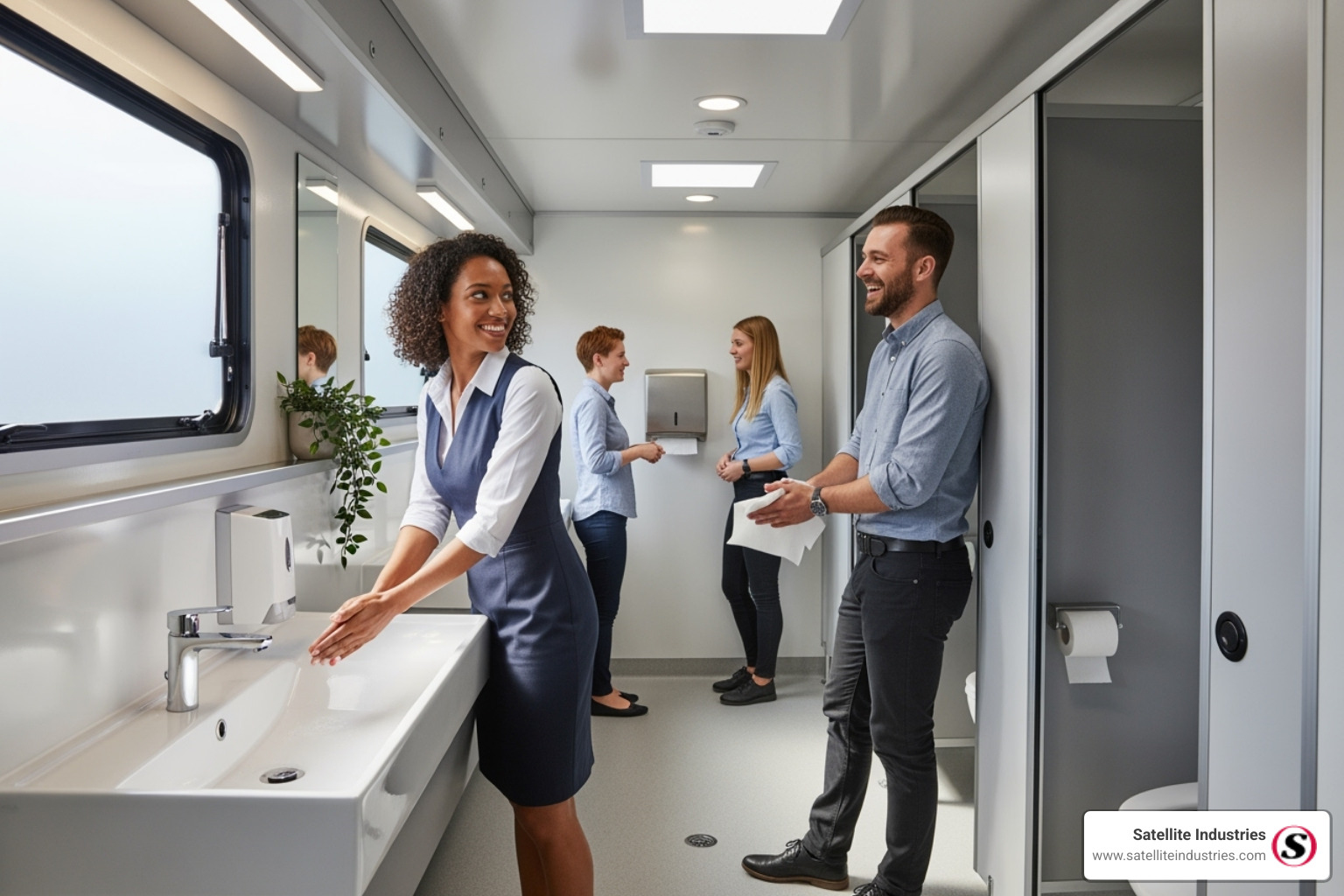 happy employees using a clean, well-equipped Satellite Industries portable restroom facility - portable office toilet