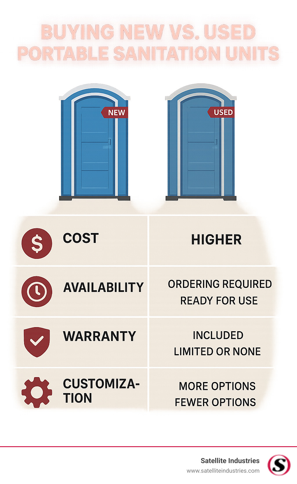Infographic explaining the key differences between buying new versus used portable sanitation units: Cost, Availability, Warranty, and Customization. - used portable shower and toilet units for sale infographic