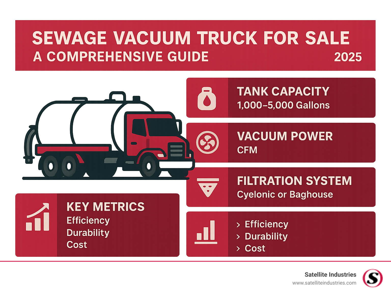 Comprehensive guide showing sewage vacuum truck specifications including tank capacity ranges, vacuum power ratings, filtration system types, and key performance metrics for fleet decision-making - sewage vacuum truck for sale infographic