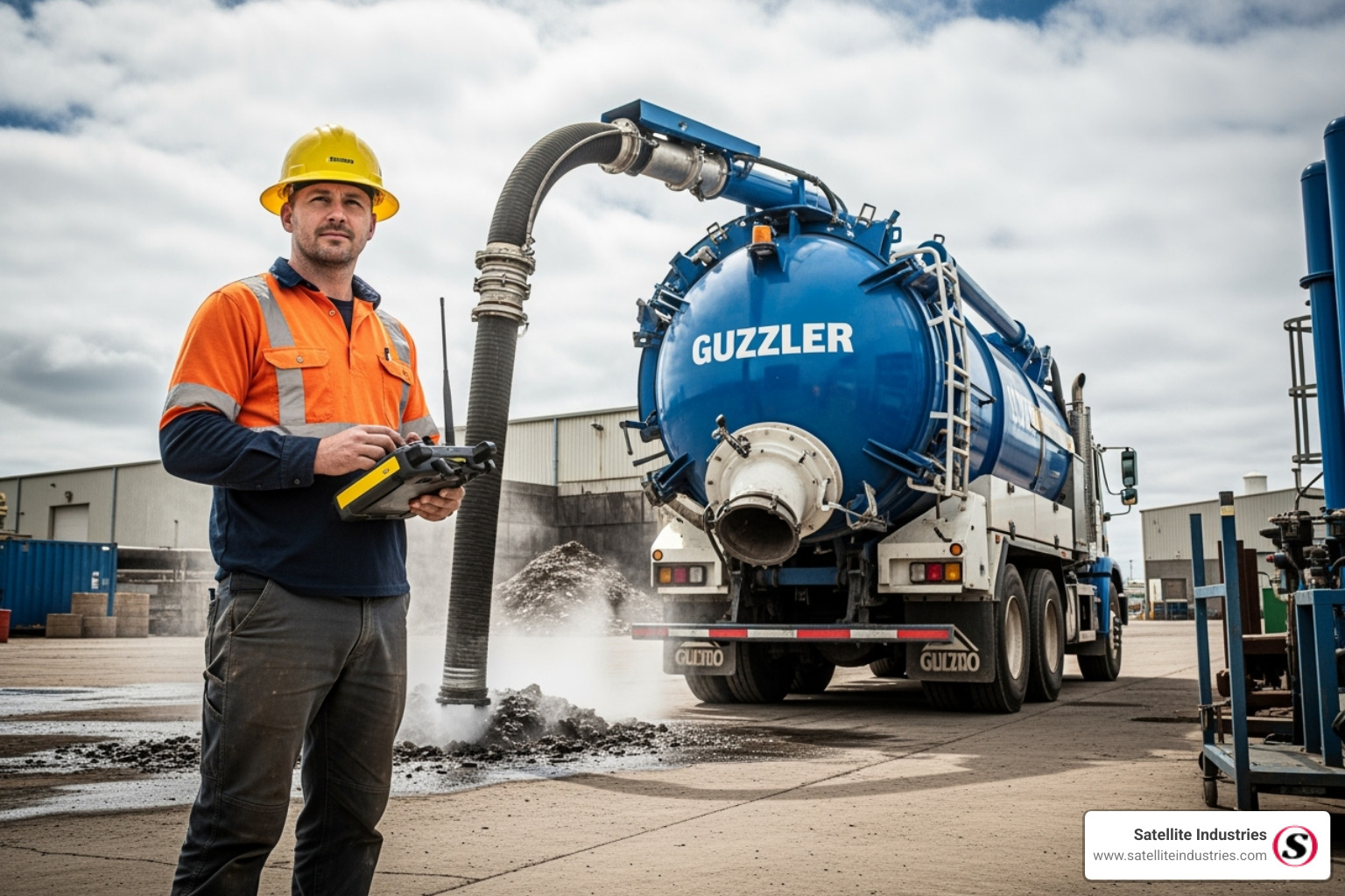 An operator using a remote control for an industrial vacuum truck, highlighting safety - industrial vacuum truck