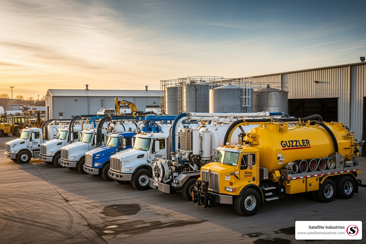 Several different industrial vacuum truck models side-by-side - industrial vacuum truck