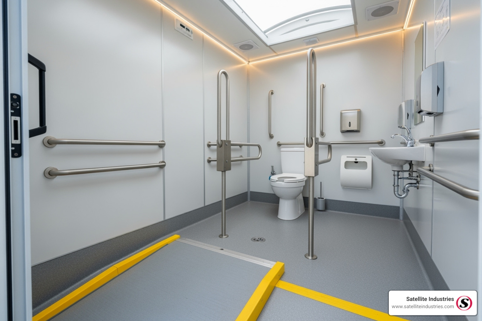 An brightly lit, spacious ADA-compliant portable restroom interior, showing a wide entry ramp, grab bars, and ample maneuvering space for a wheelchair - portable bathroom for sale