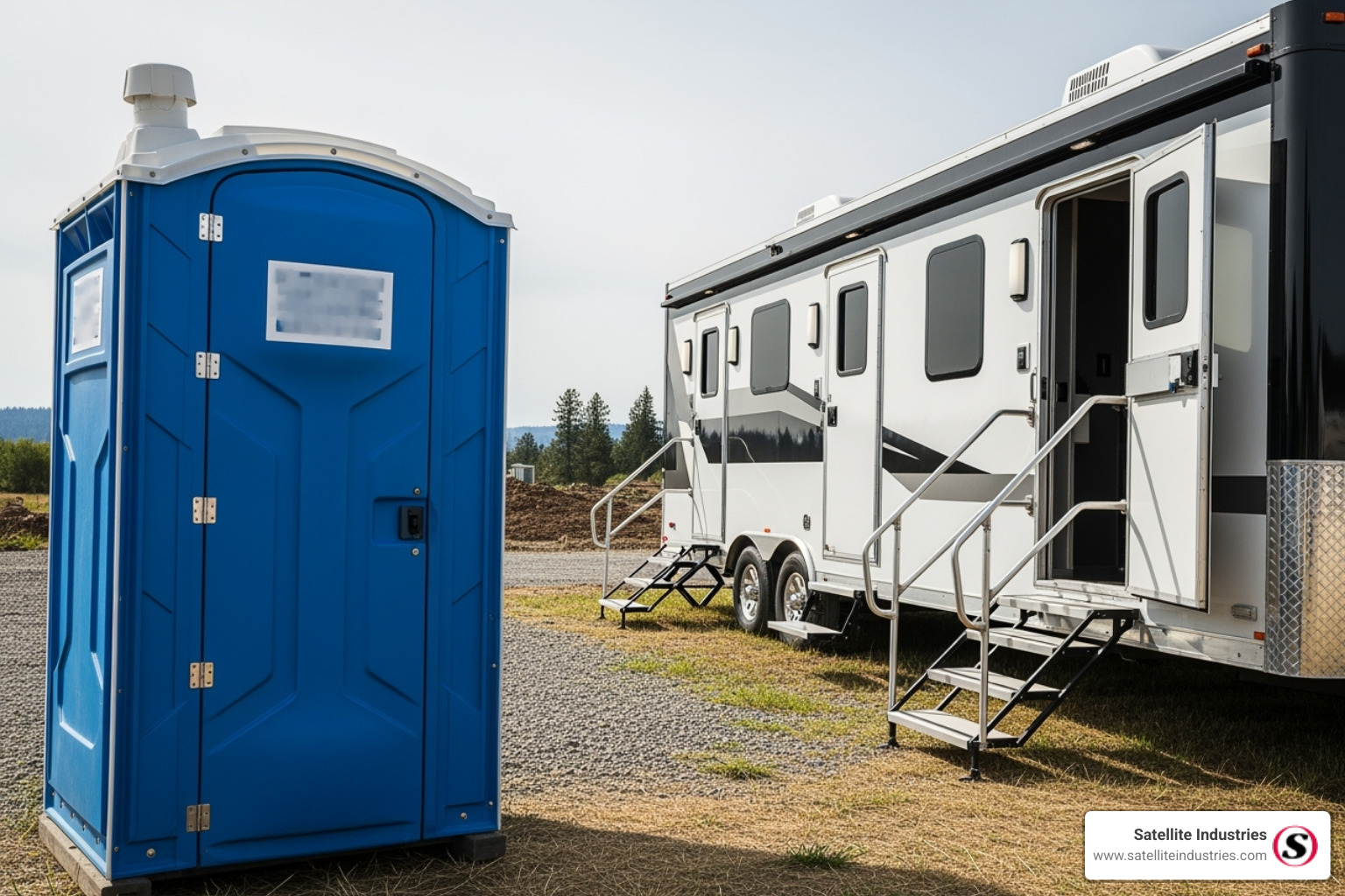 A side-by-side comparison image of a basic, blue standard portable toilet and a sleek, modern, multi-stall luxury restroom trailer with steps and exterior lighting - portable bathroom for sale