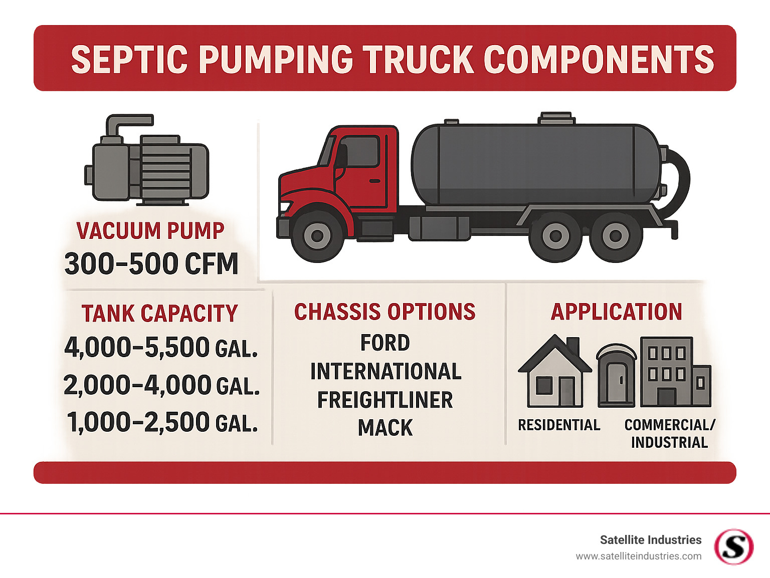 Detailed breakdown of septic pumping truck components including vacuum pump specifications, tank capacity ranges by axle type, chassis options, and key performance metrics for different business applications - Septic pumping truck infographic
