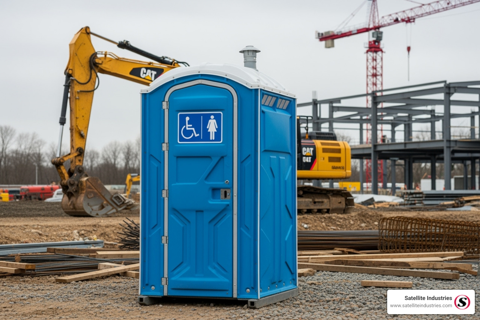 Portable restroom with required signage placed correctly on a construction site - Construction site sanitation