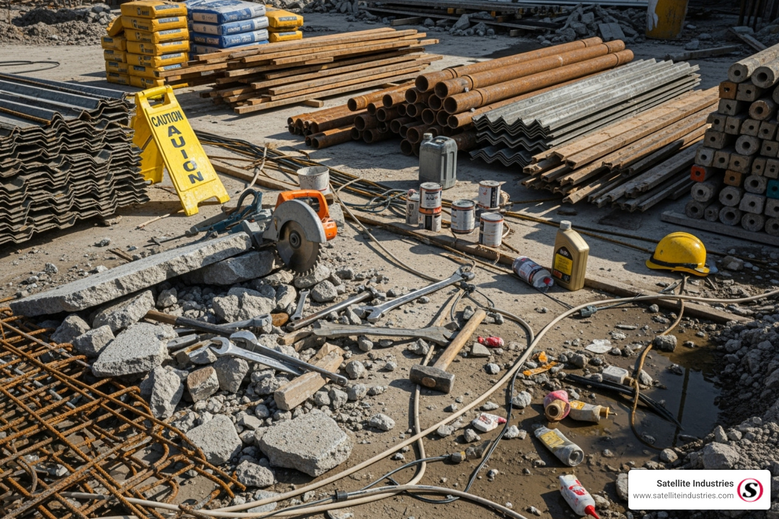 Cluttered and unsafe construction site work area - Construction site sanitation