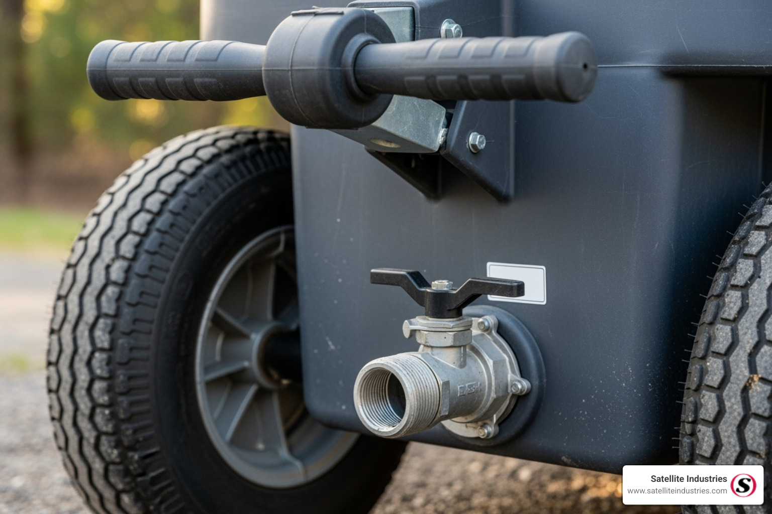 close-ups of heavy-duty wheels, a sturdy tow handle, and a secure valve on a portable tank - portable sewer tank for rv