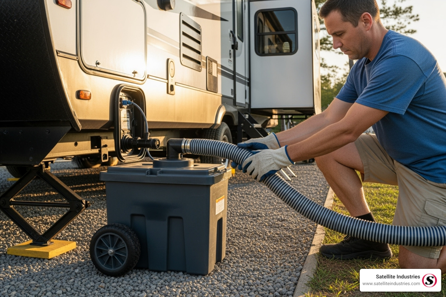 person correctly connecting a sewer hose from an RV to a portable tank - portable sewer tank for rv