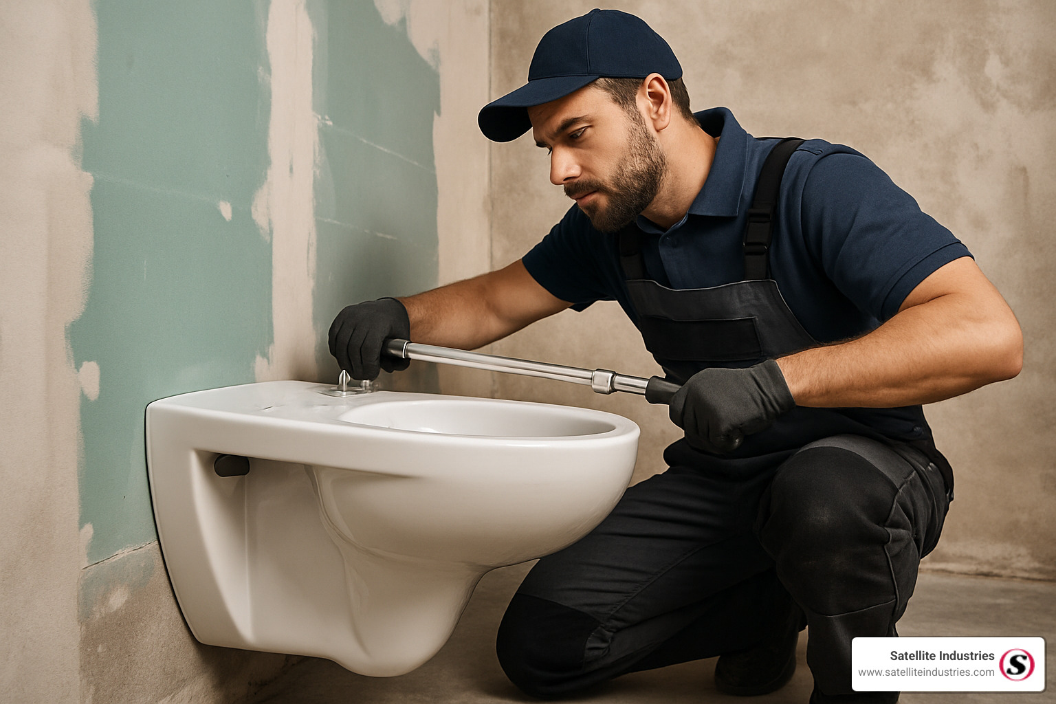 technician tightening bowl bolts - wall-hung toilet installation