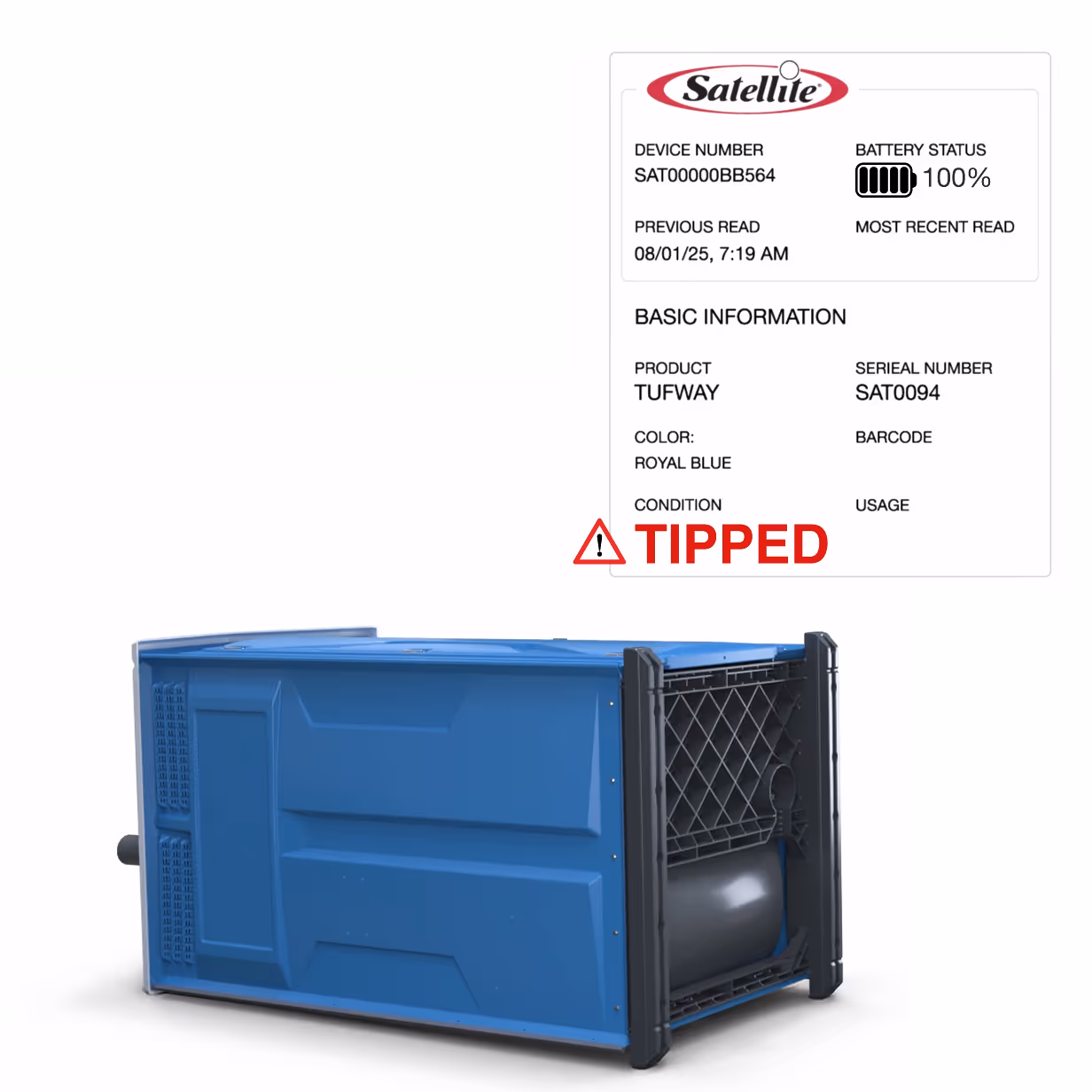 Blue industrial container tipped over with a device status report beside it, showing battery at