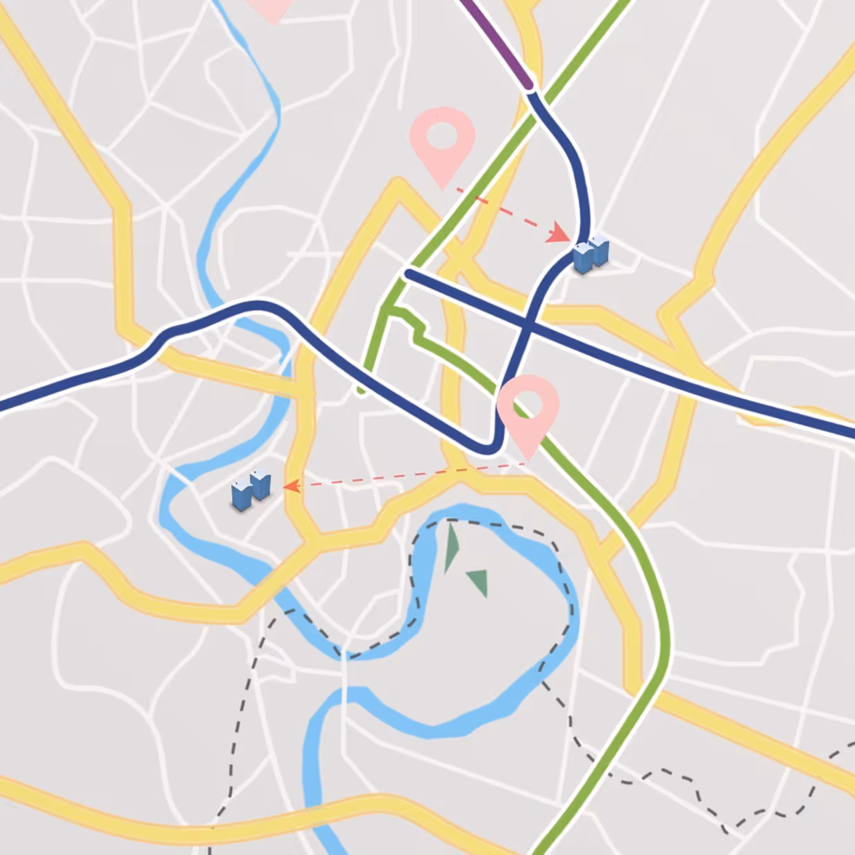 Map view showing streets, rivers, and marked locations for GPS navigation.