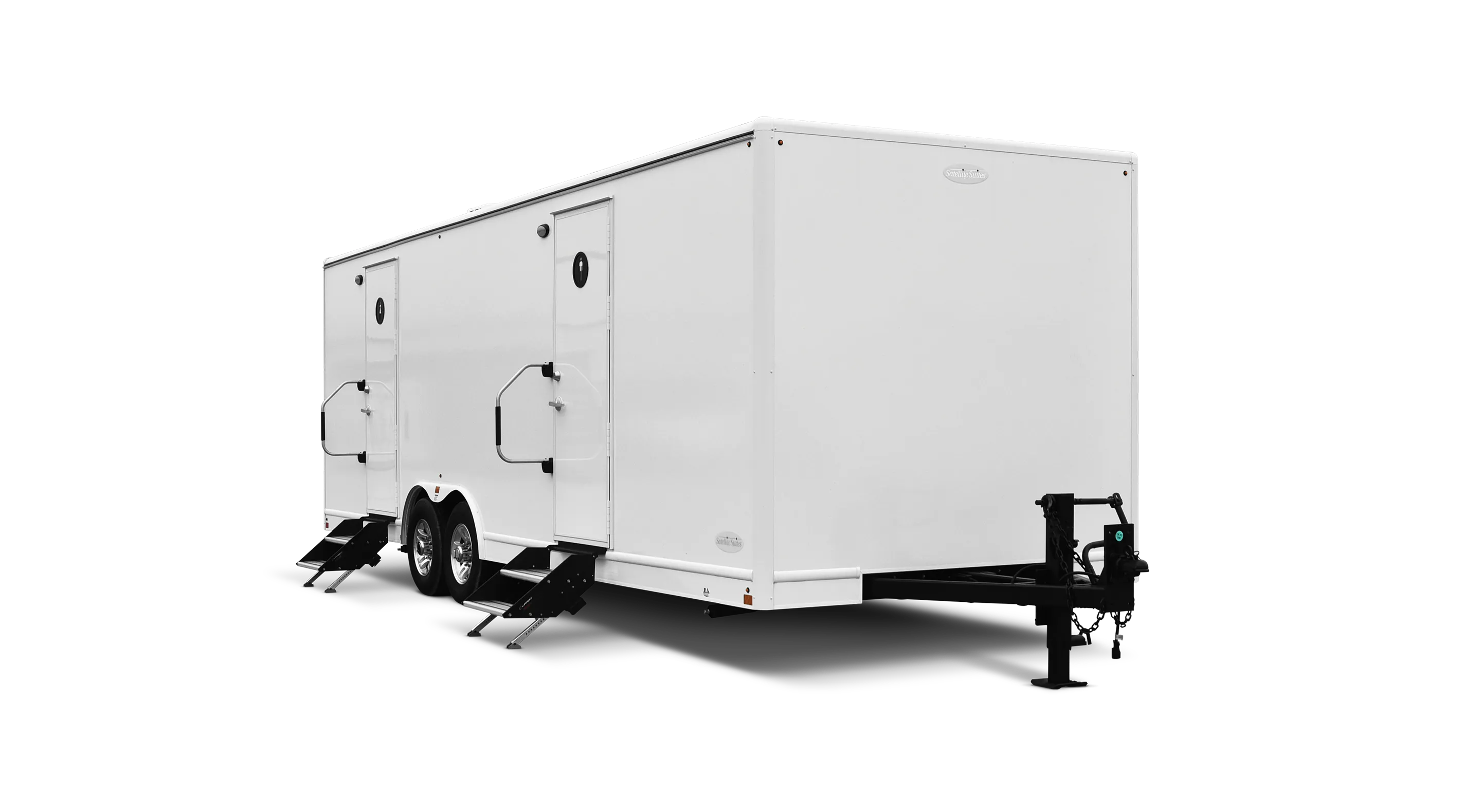 White 8x26' Roughneck trailer with two side doors and double rear stairs.