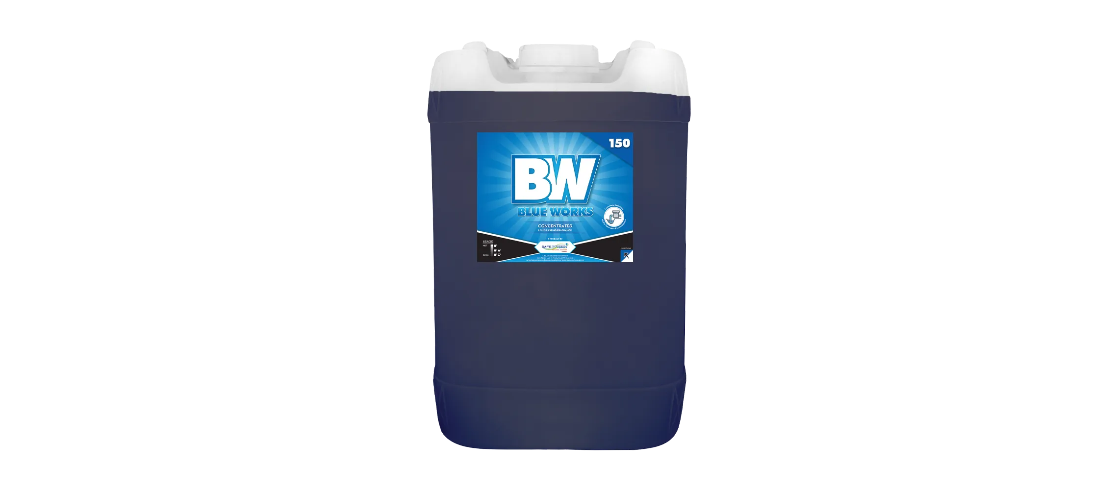 Blue Works 150 concentrated cleaning product in a large blue plastic container with label.