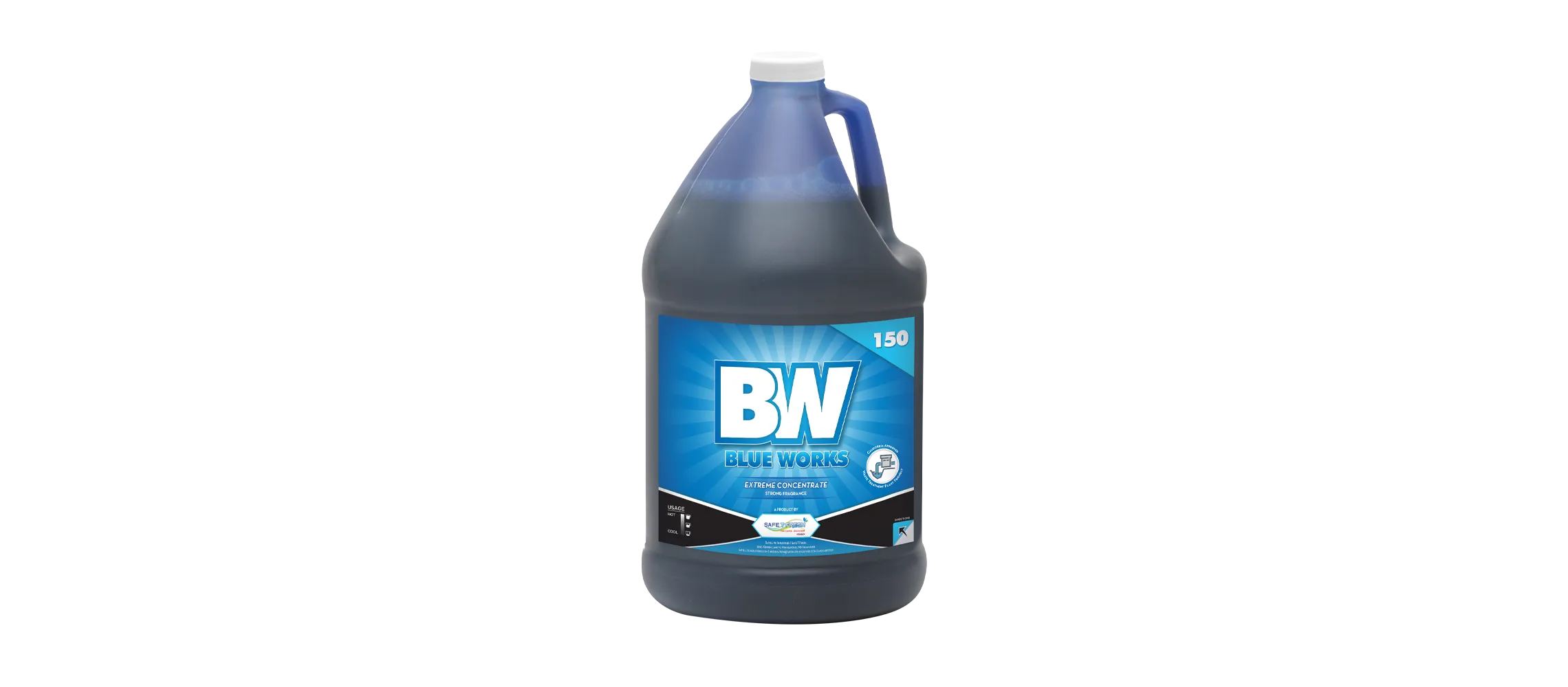 Blue Works 150 cleaner in a blue gallon jug with a handle and label detailing its use.