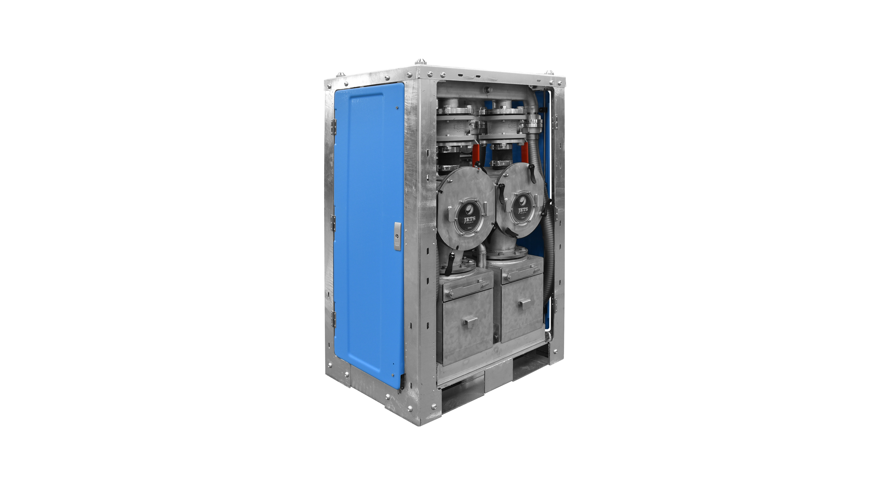 Industrial metal unit with two circular JETS components and a blue side panel.