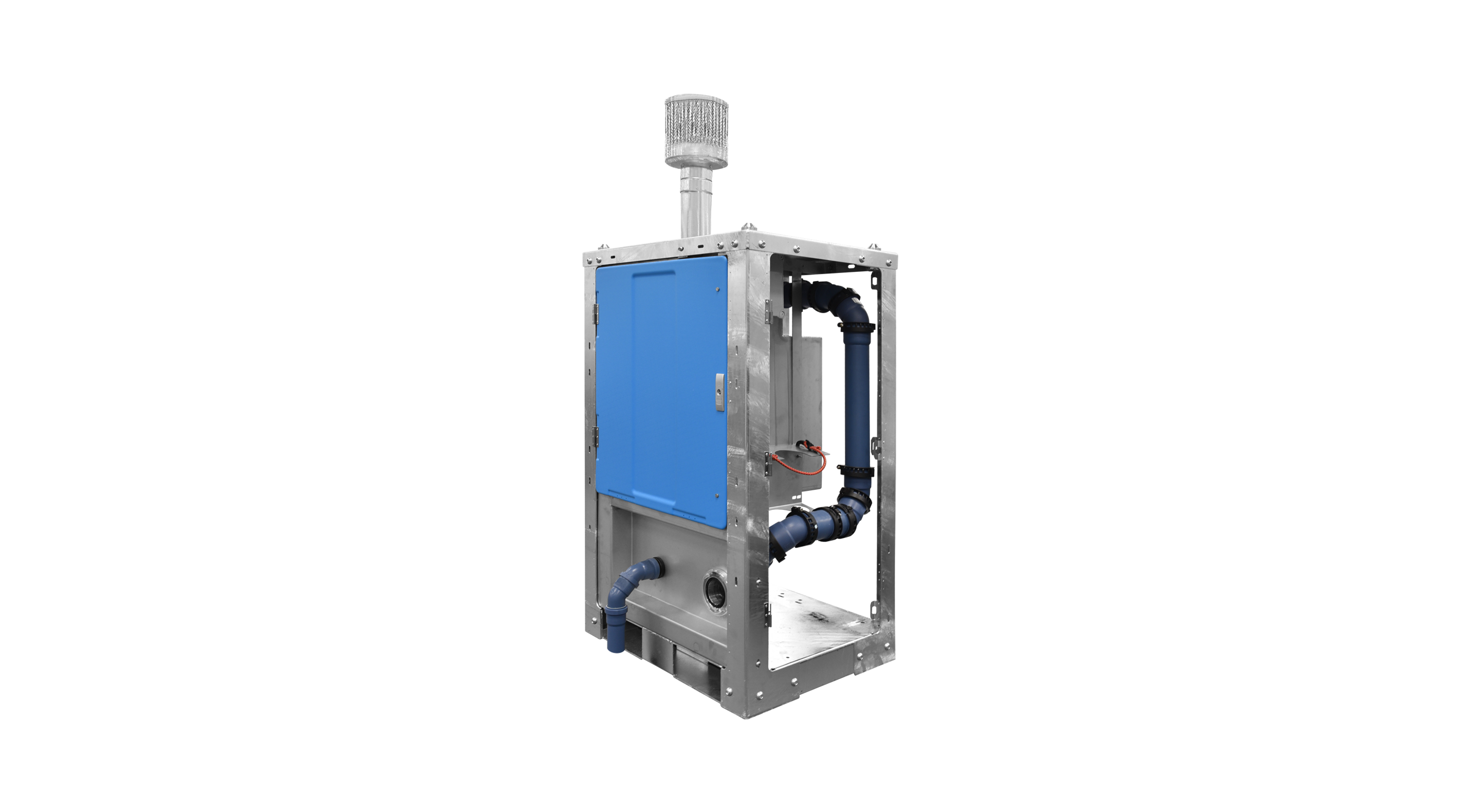 Industrial flow control unit with blue panel, gray metal frame, and attached pipes isolated on black.