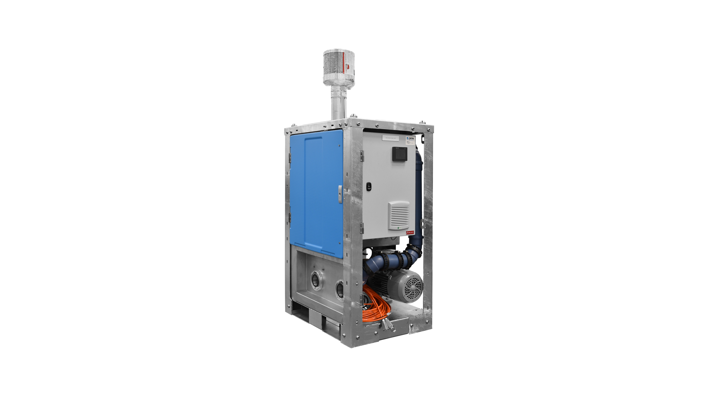Industrial transfer unit with blue panel, pipes, motor, and exhaust on top in metal frame.