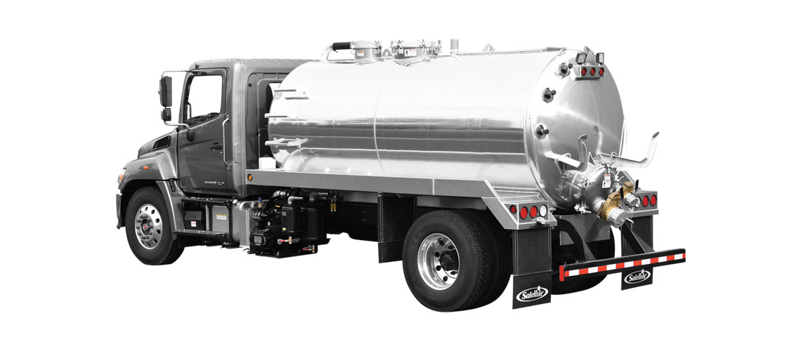 Silver tanker truck with polished metal tank and single rear axle on a white background.