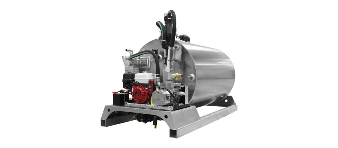 Metal tank with attached engine, pump, and hoses, designed for liquid handling applications.
