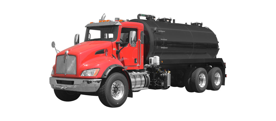 Red truck with a black tank, equipped for transporting liquids, featuring dual rear wheels.