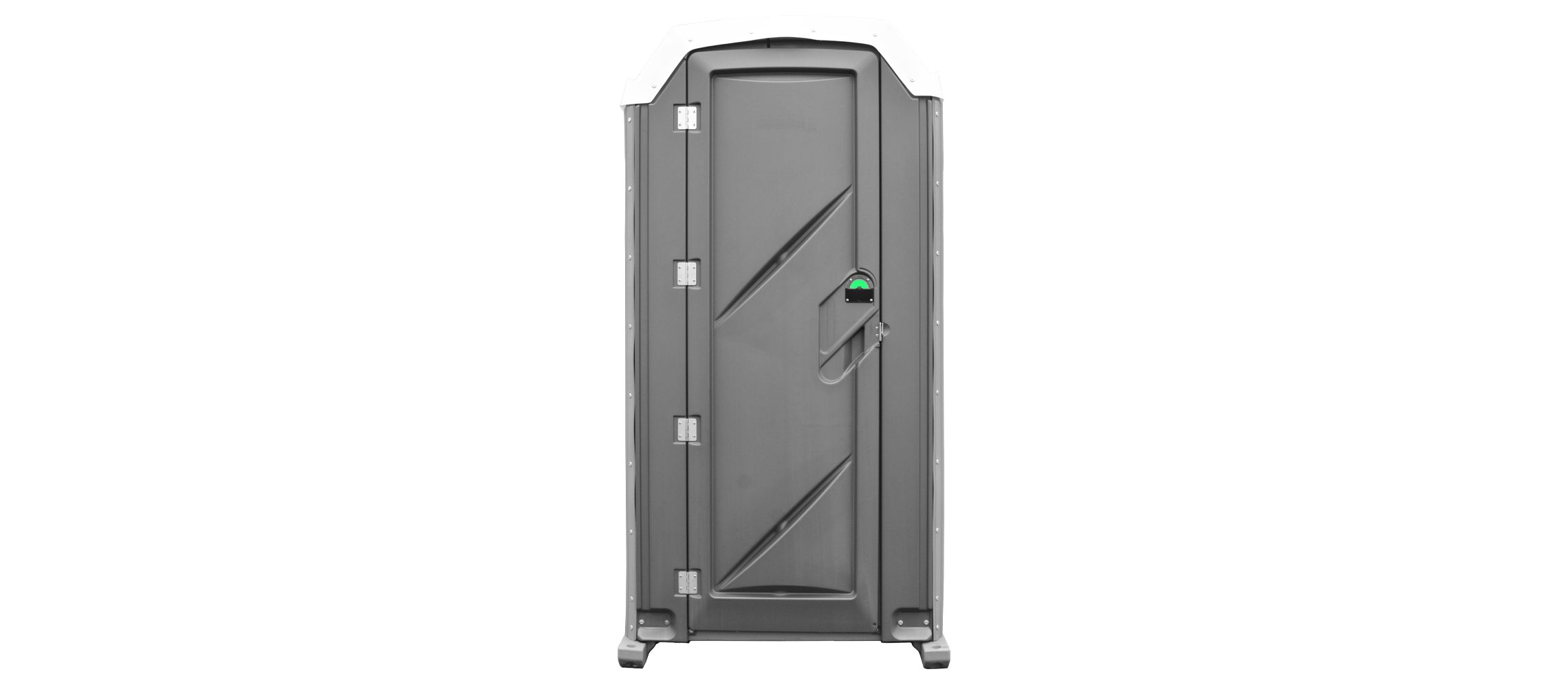 Gray portable toilet with a sloped roof and a locking door mechanism.