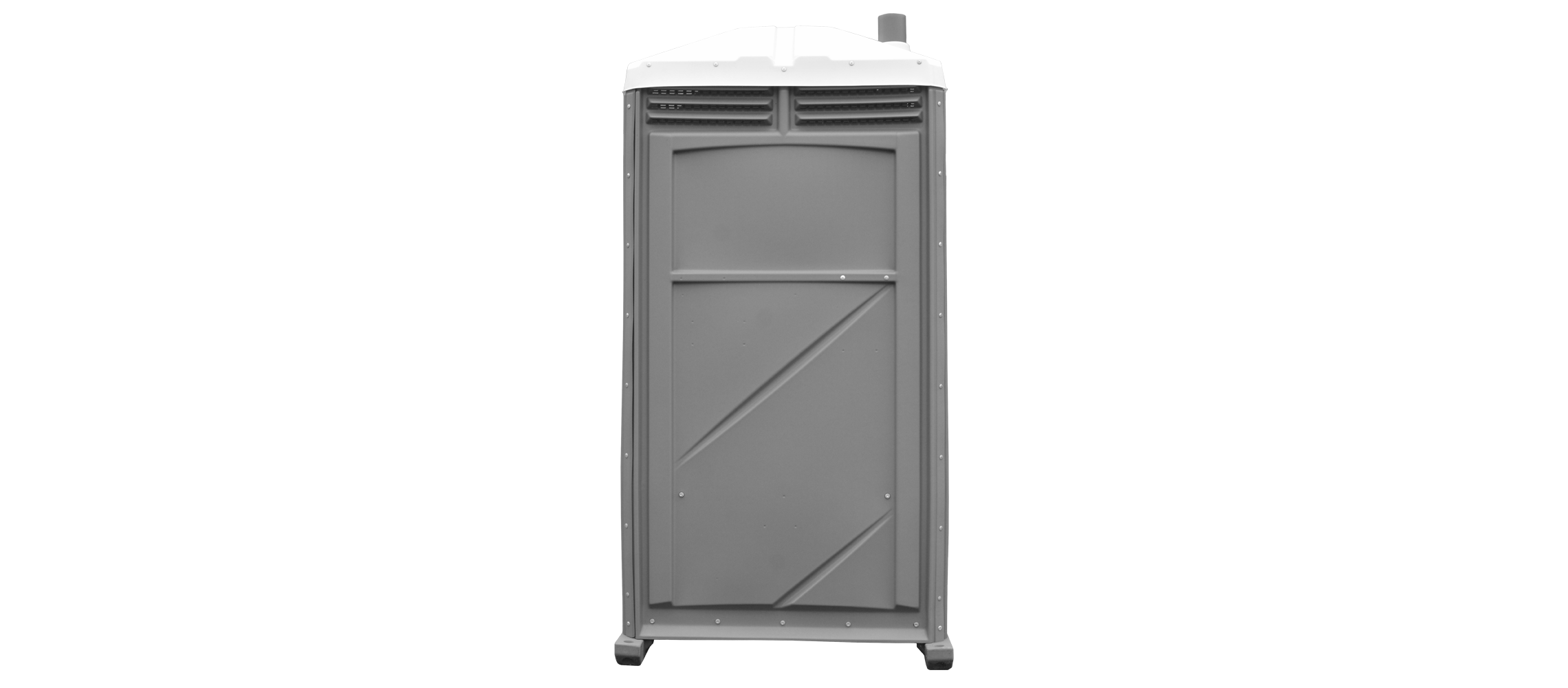 Gray portable toilet with a white roof viewed from the front on a transparent background.