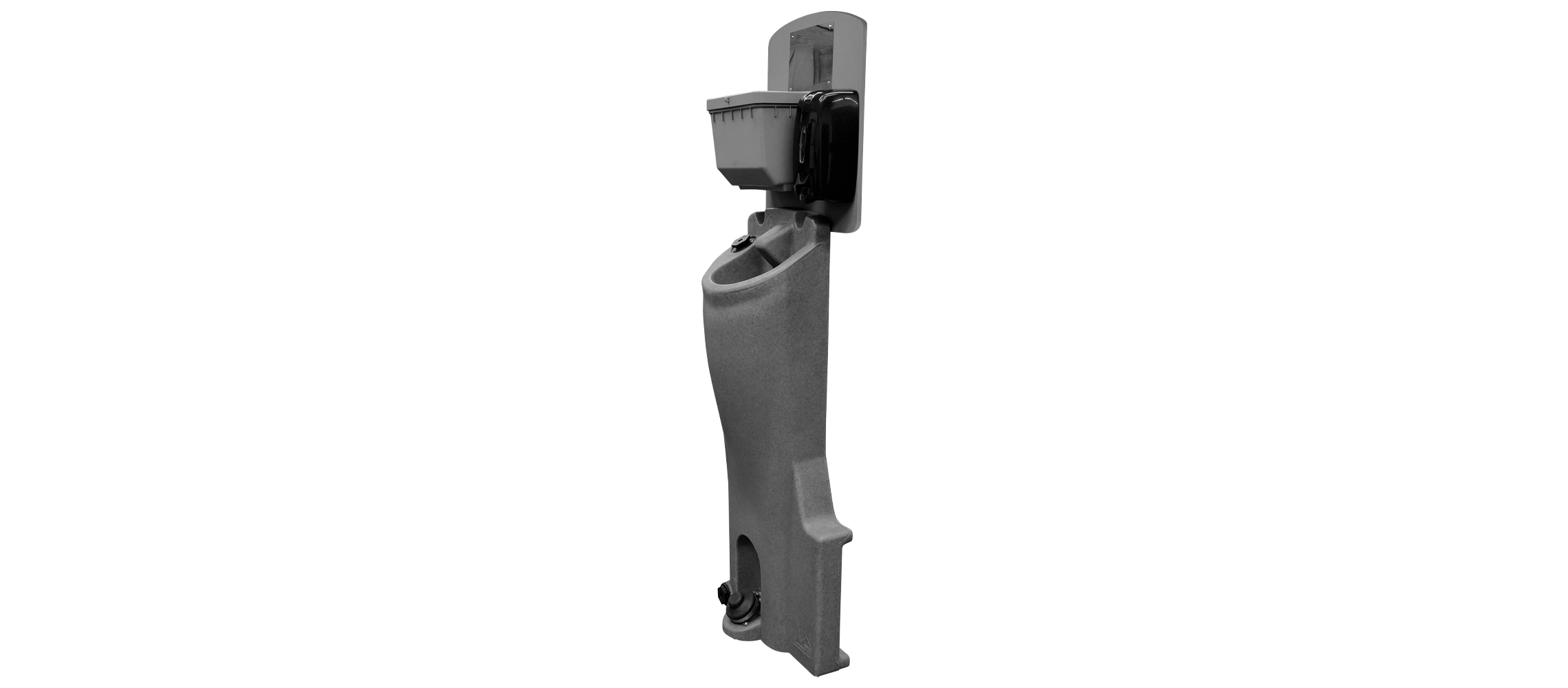 Gray portable handwashing station with sink, soap dispenser, and paper towel holder.