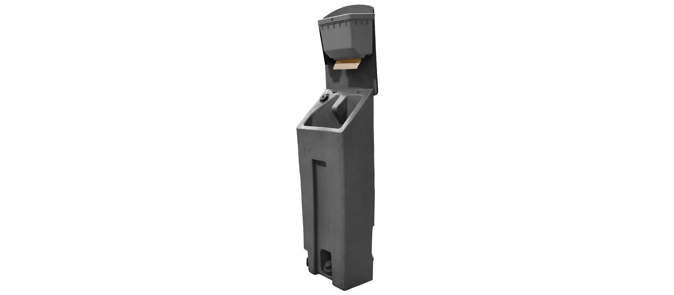 Tall gray outdoor handwashing station with sink, faucet, soap dispenser, and paper towel holder.