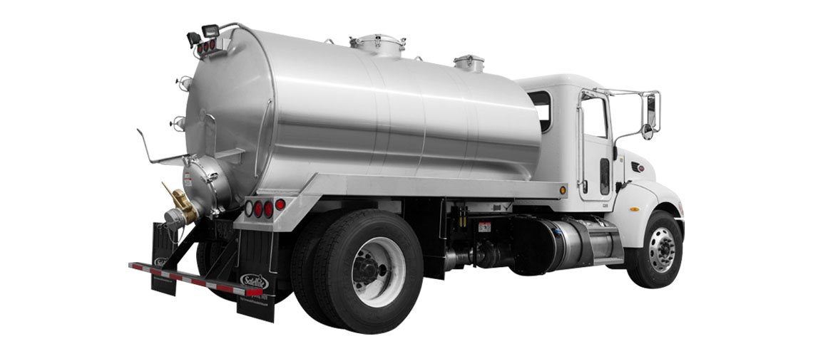 White tanker truck with a large metal cylindrical tank on the back against a white background.
