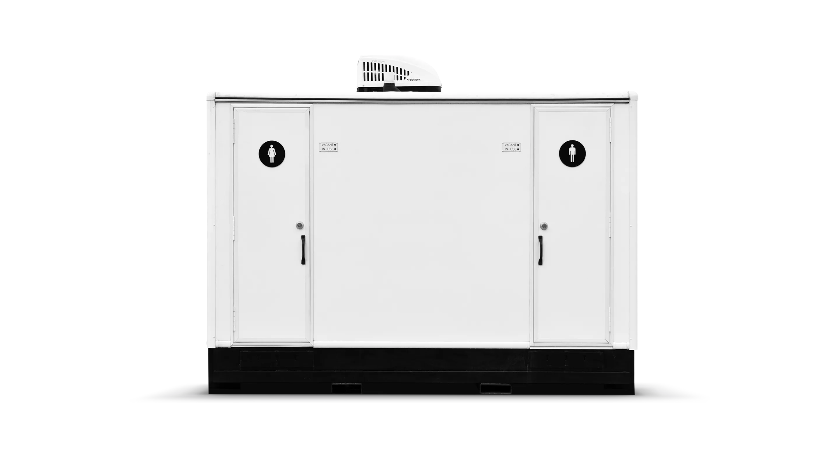 Two white restroom doors with signs for men and women, set against a black base.