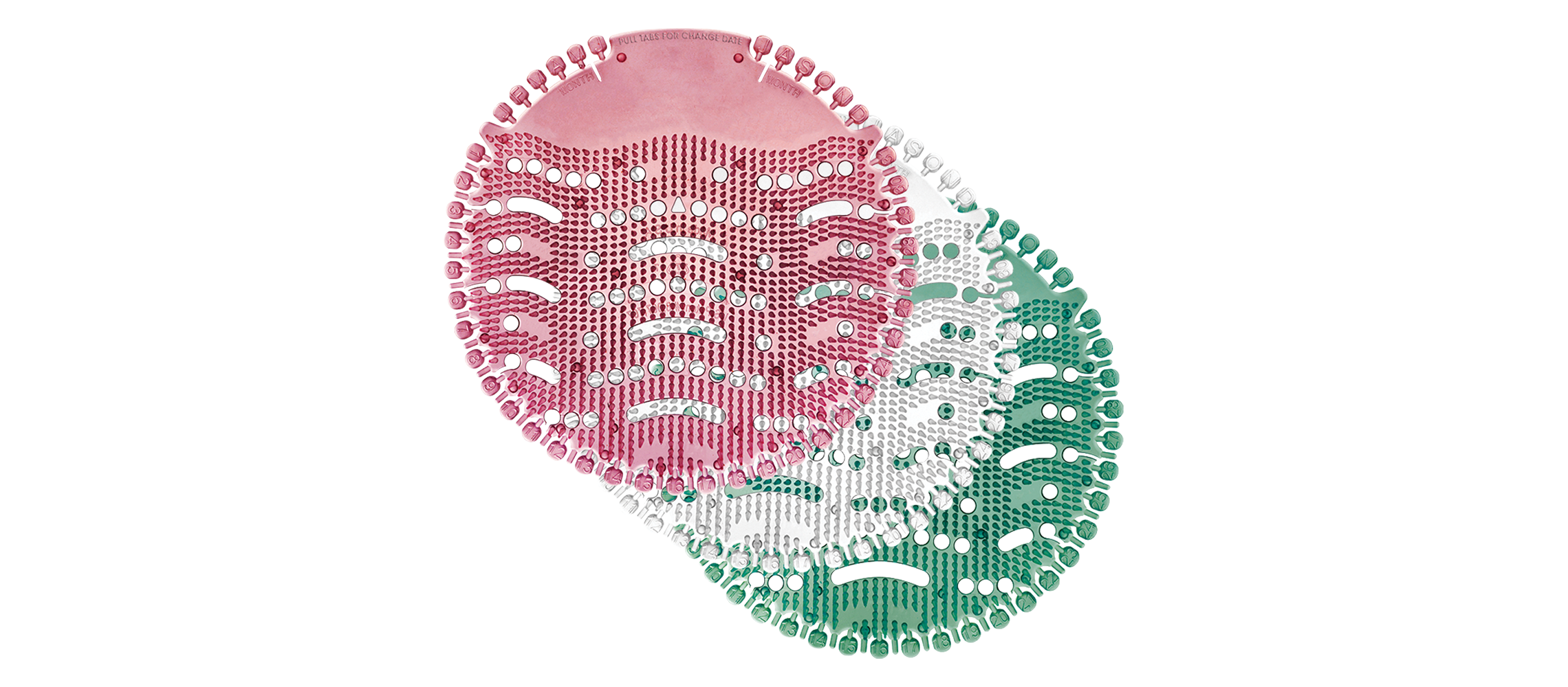 Three overlapping circular menstrual cycle trackers in pink, white, and green with holes and tabs.