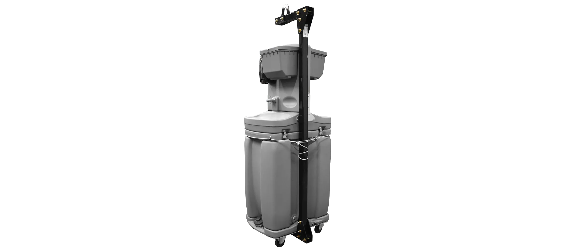 Gray portable outdoor handwashing station with water tanks and black metal frame on wheels.