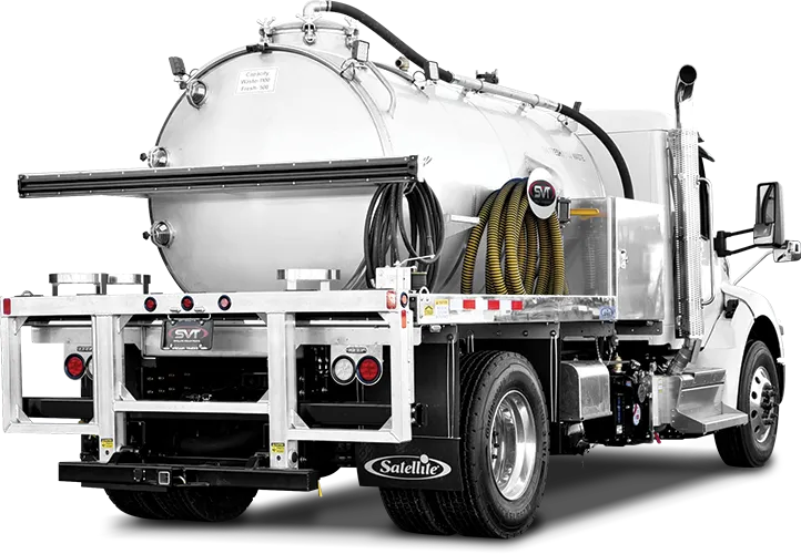 Silver vacuum truck with hoses coiled on side and Satellite logo on rear mud flap.