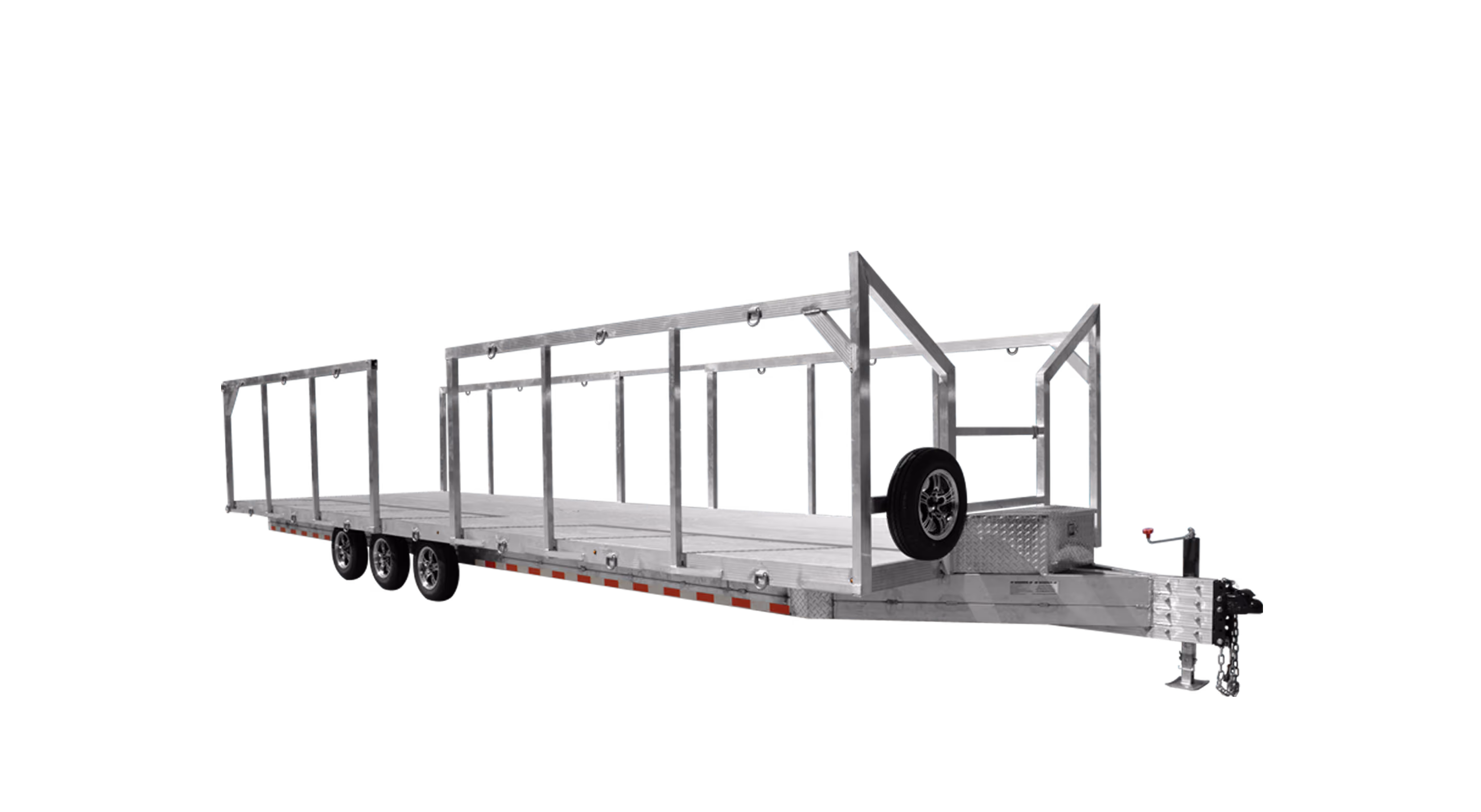A silver aluminum trailer with an open frame and wheels, designed for transporting items.