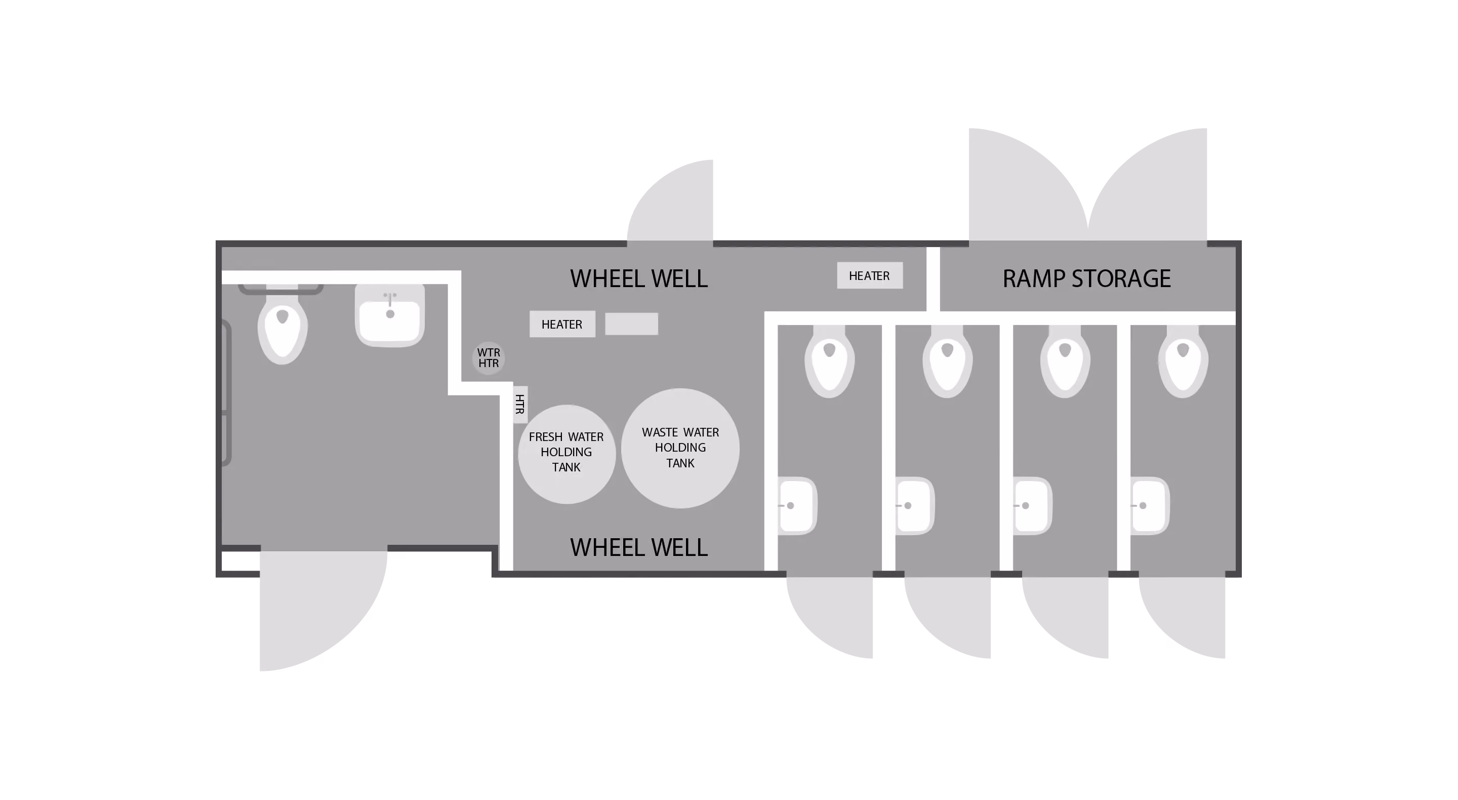 Floor plan of a restroom trailer with ADA-compliant features, including multiple stalls and storage