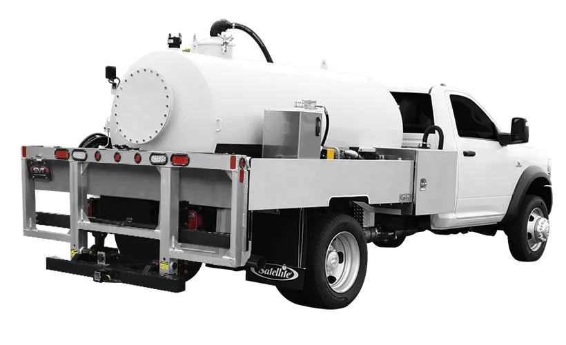 White flatbed truck with a large cylindrical tank and metal equipment mounted on the back.