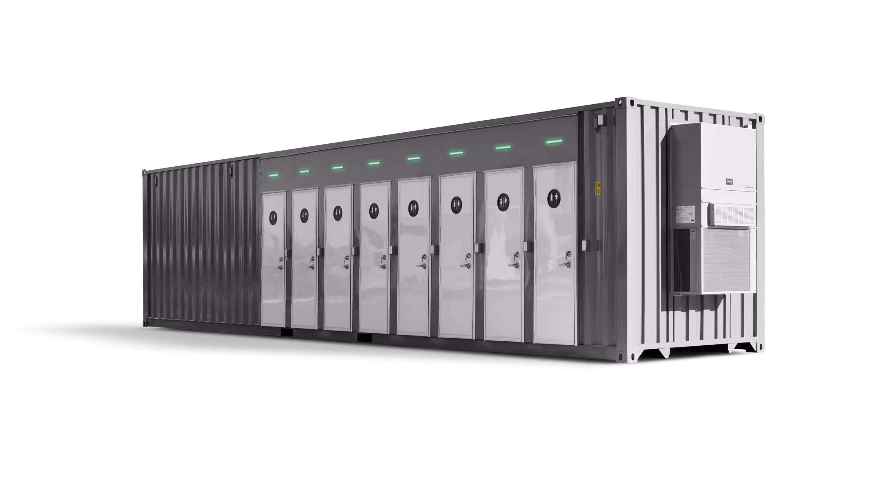 A portable restroom container with eight separate stalls and a side-mounted air conditioning unit.
