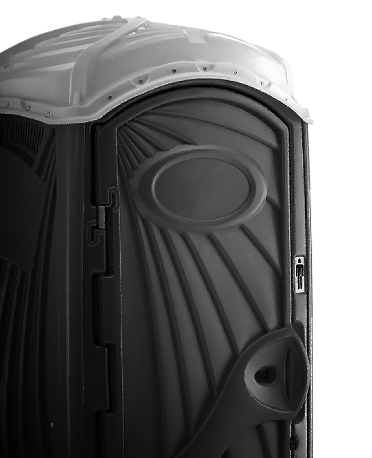 Portable restroom with a dark exterior and white roof, featuring a door and accessibility sign.