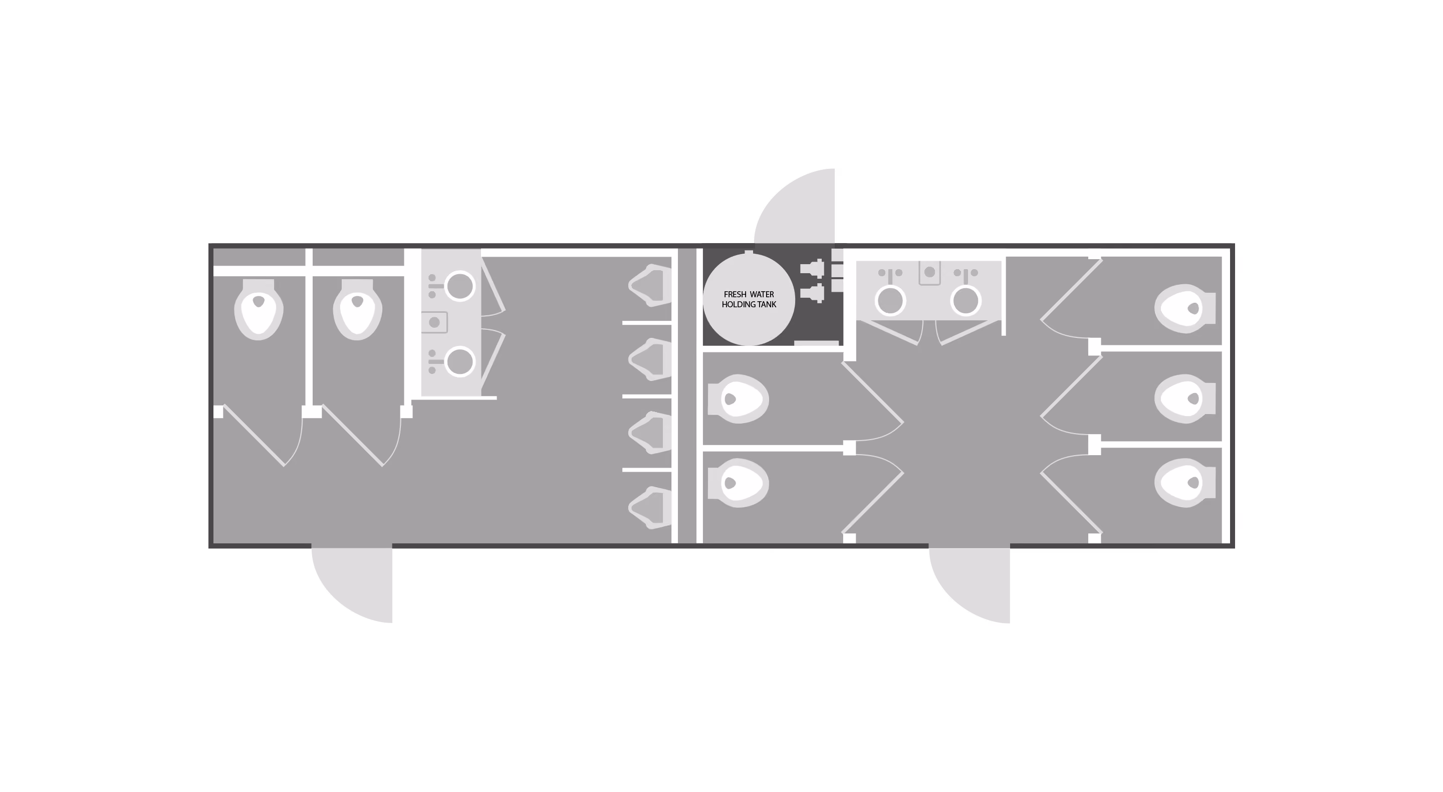 Floor plan of two restroom suites with toilets, sinks, urinals, and a fresh water holding tank.