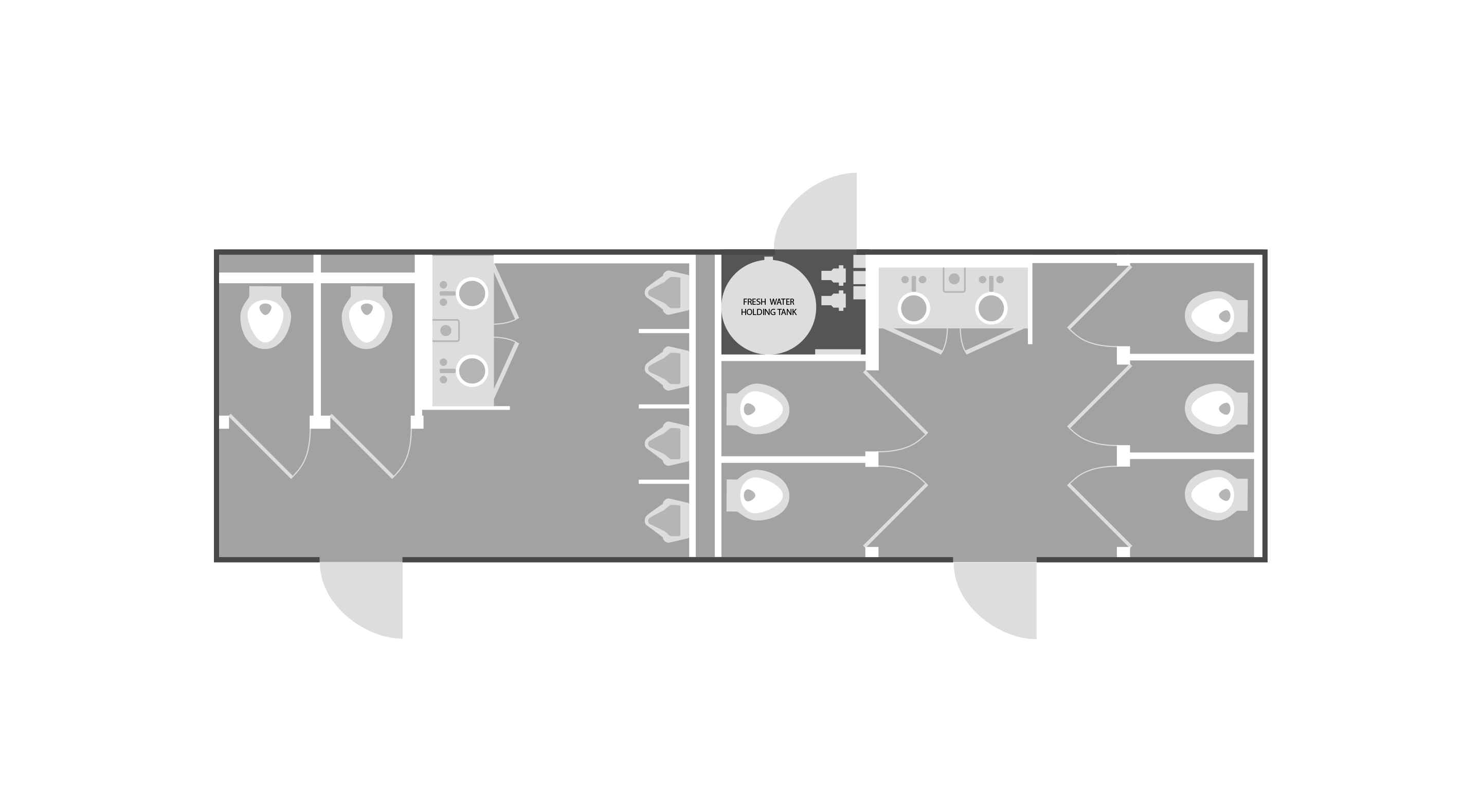 Floor plan of two restroom suites with toilets, sinks, urinals, and a fresh water holding tank.
